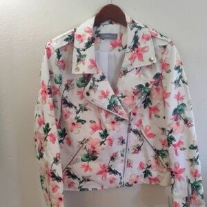 Bagatelle White Faux Leather Jacket with Pink and Green Floral Design